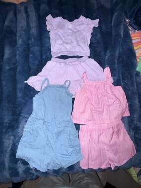Toddler Girls Summer Clothing Lot - 3 Piece Set: Eyelet Ruffle Outfit, Pink Stri
